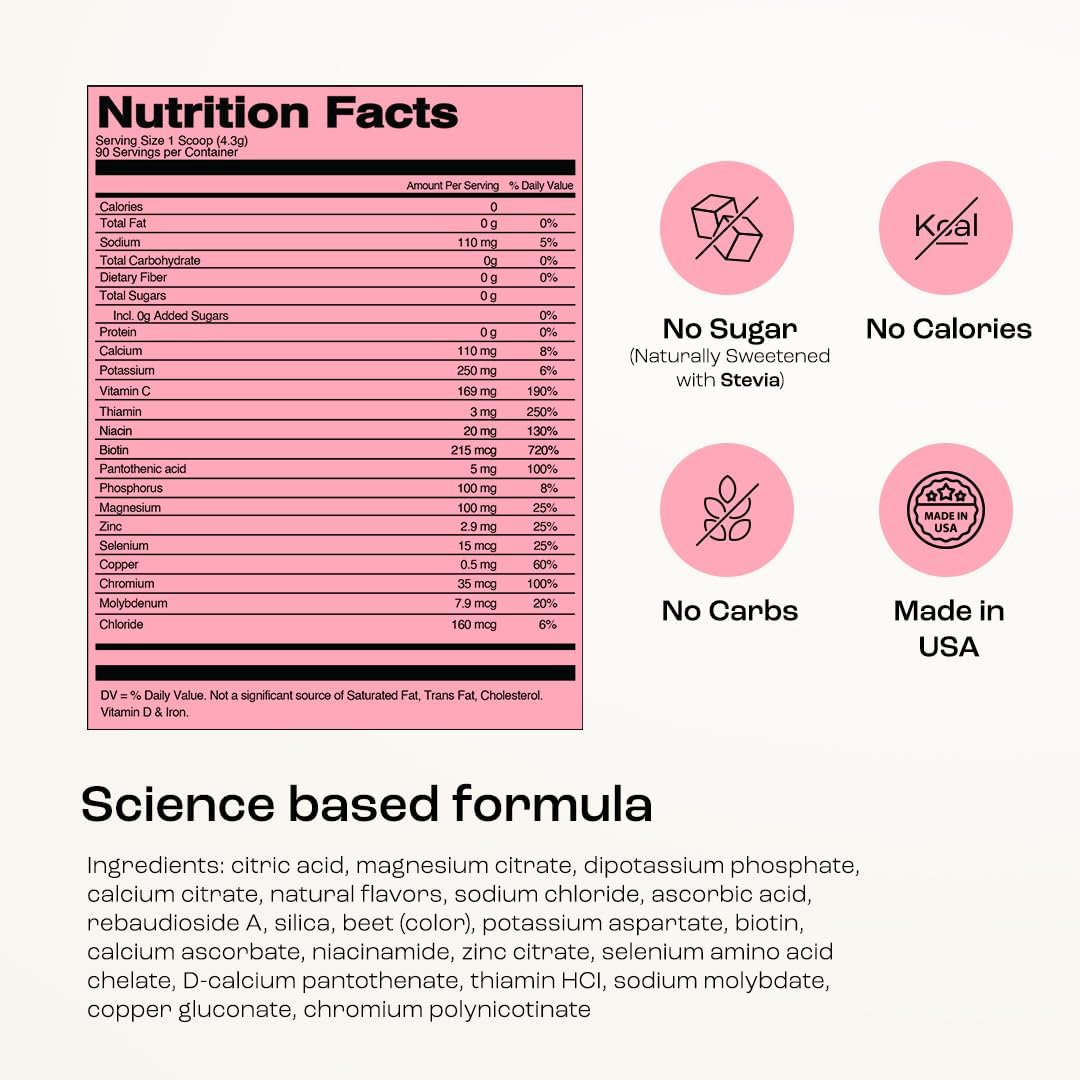KEY NUTRIENTS Multivitamin Electrolytes Powder No Sugar - Fresh Pink Lemonade Electrolyte Powder - Endurance & Energy Supplement - Hydration Powder - No Calories - 90 Servings - Made in USA
