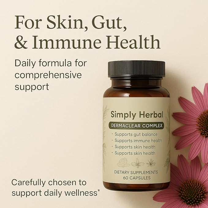 Simply Herbal– Daily Dietary Supplement for Skin & Immune Support, Natural Gut-Skin Balance Formula with Zinc, Vitamin C & Herbal Extracts – 60 Capsules
