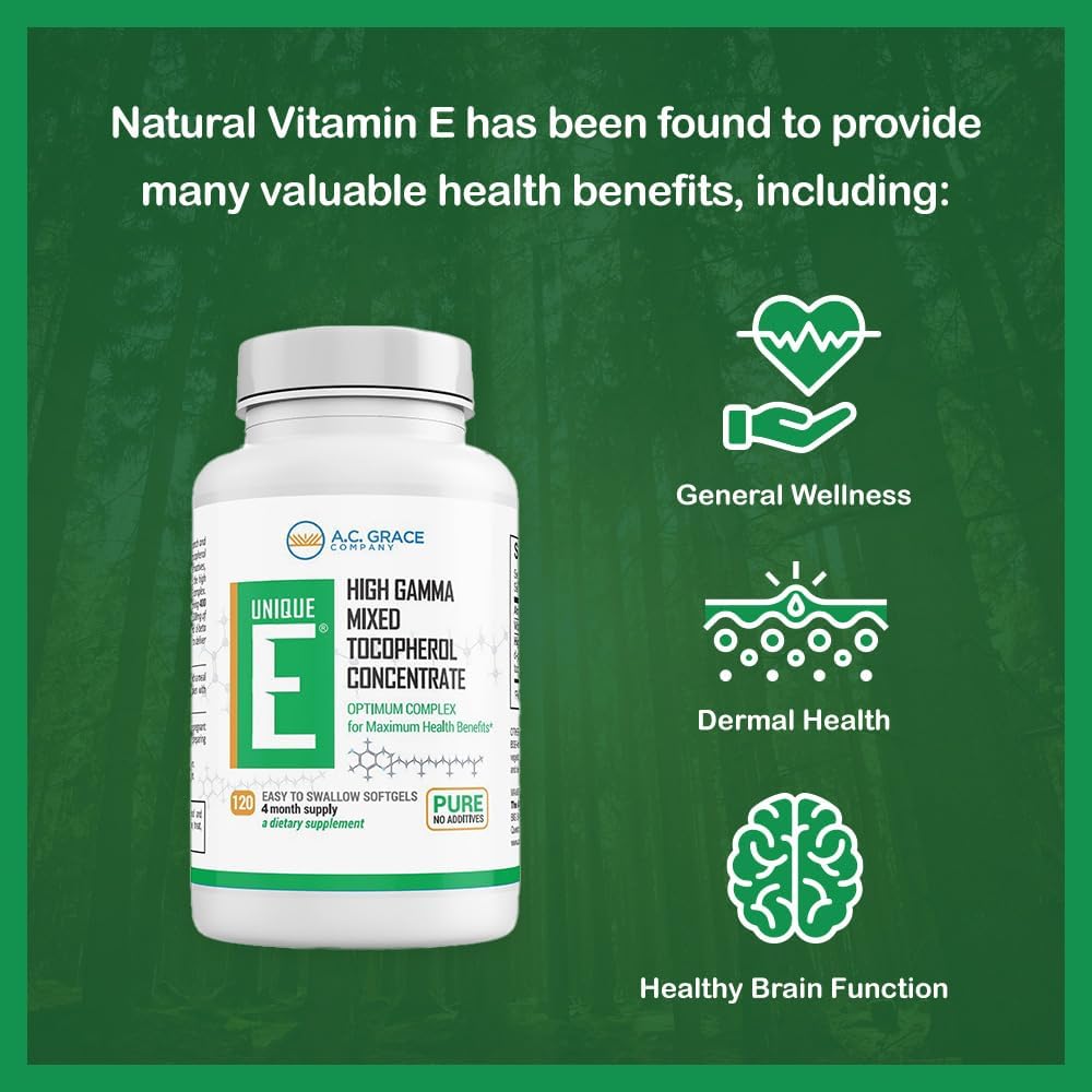 UNIQUE E A.C. Grace Company Mixed Tocopherols 120 Soft Gels, Supports Healthy Brain Function, General Health, and Aging Support, All-Natural Vitamin E and Kosher