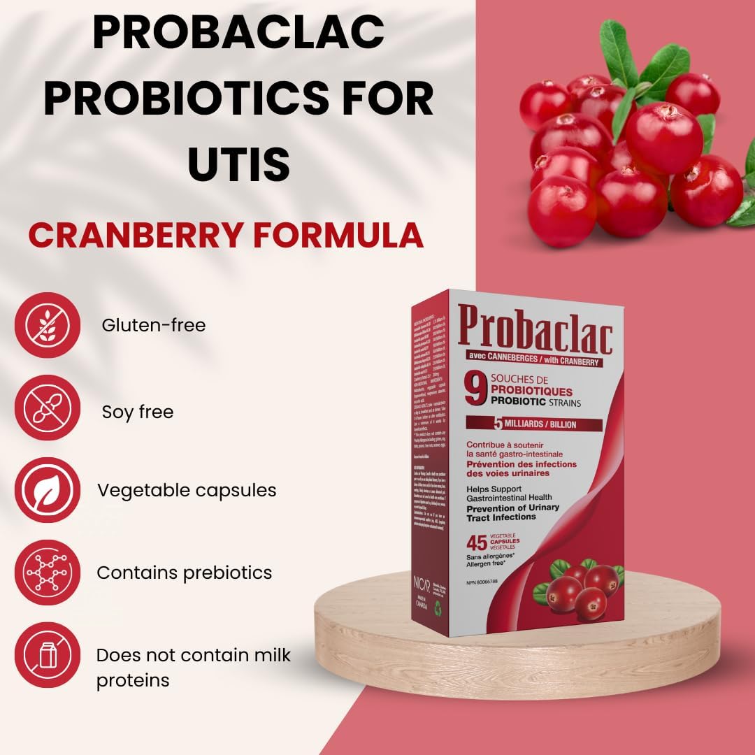 Womens Probiotic with Cranberry, Multi-Strain Supplement for Digestive Balance, Urinary Tract Health, Supports Gut Flora, UTI Defense, Immune Function, 45 Capsules, Made in Canada