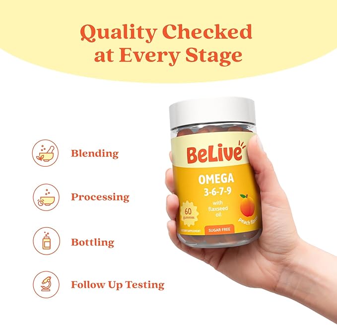 BeLive Organic Omega 3 Gummies - Omega 3 6 9 7 DHA & EPA from Flaxseed Oil & Sea Buckthorn Fruit Oil, Vegan, for Kids & Adults, Full Body, Brain & Eye Support, Sugar Free – Peach | 5-Pack