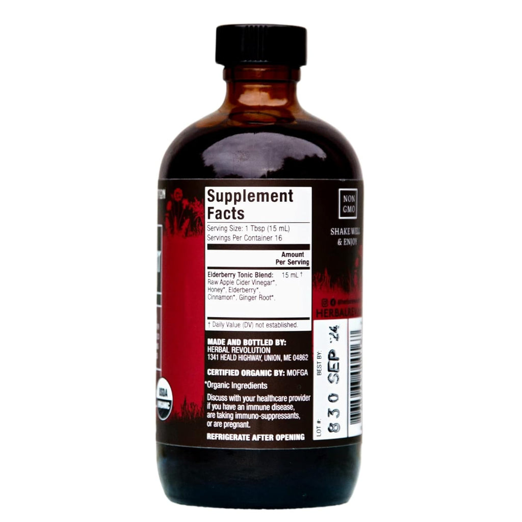 Herbal Revolution Elderberry Tonic - Certified Organic Non-GMO Apple Cider Vinegar Infused with Cinnamon Bark, Raw Honey, Ginger & More - Made Using Regenerative Farming Practices - 8 Oz
