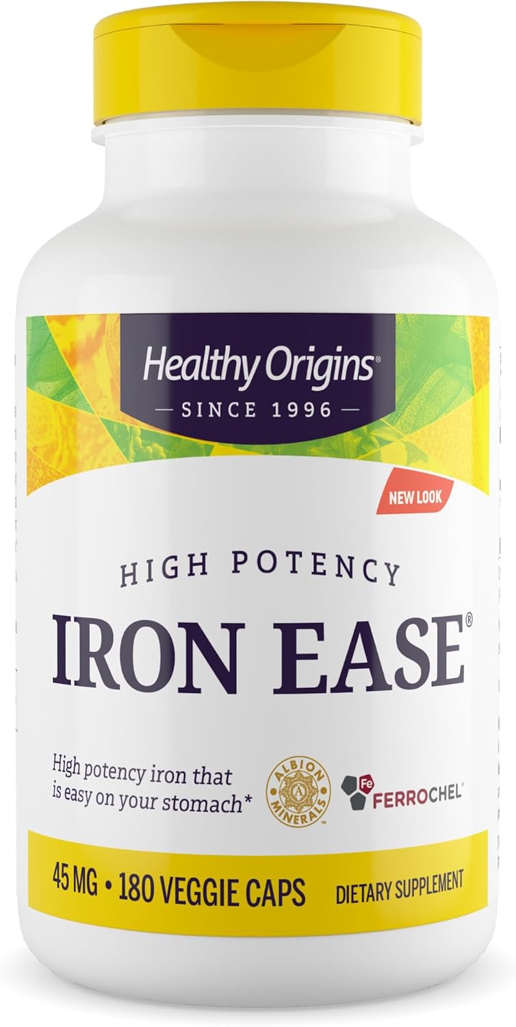 Healthy Origins Iron Ease 45 mg (Featuring Albion Ferrochel, Non-GMO, High Potency, Ferrous Bisglycinate Chelate), 180 Veggie Caps