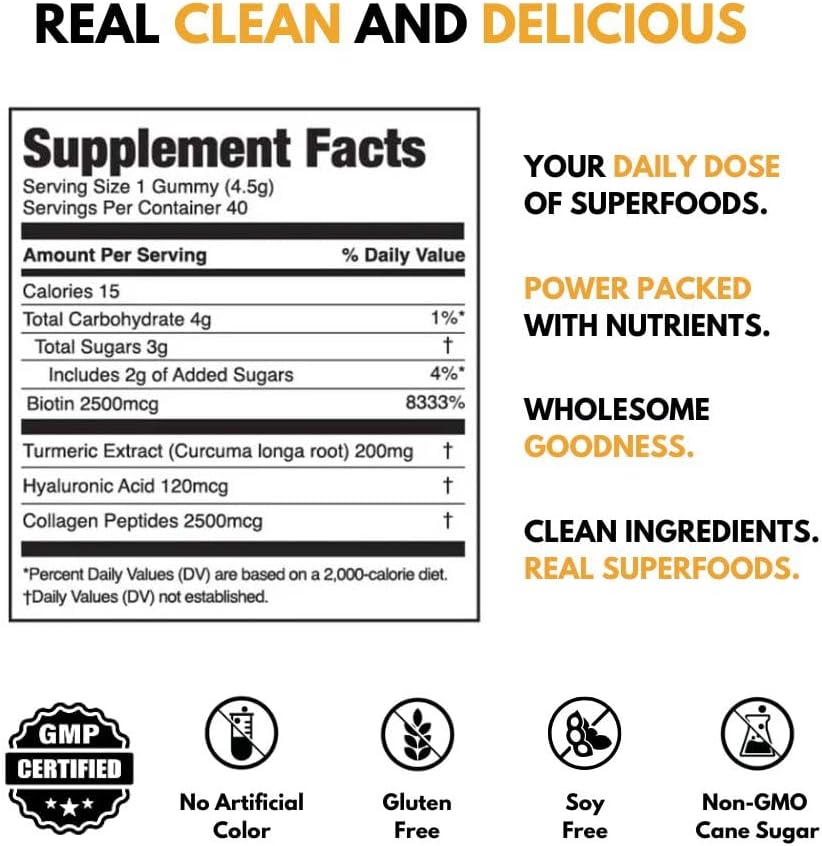 JUGO Beauty + SUPERFOODS | Hair Skin Nails Supplement with Hyaluronic Acid & Turmeric | 40 Count Plant-Based Gummies | Gelatin-Free, Non- GMO, Made in USA