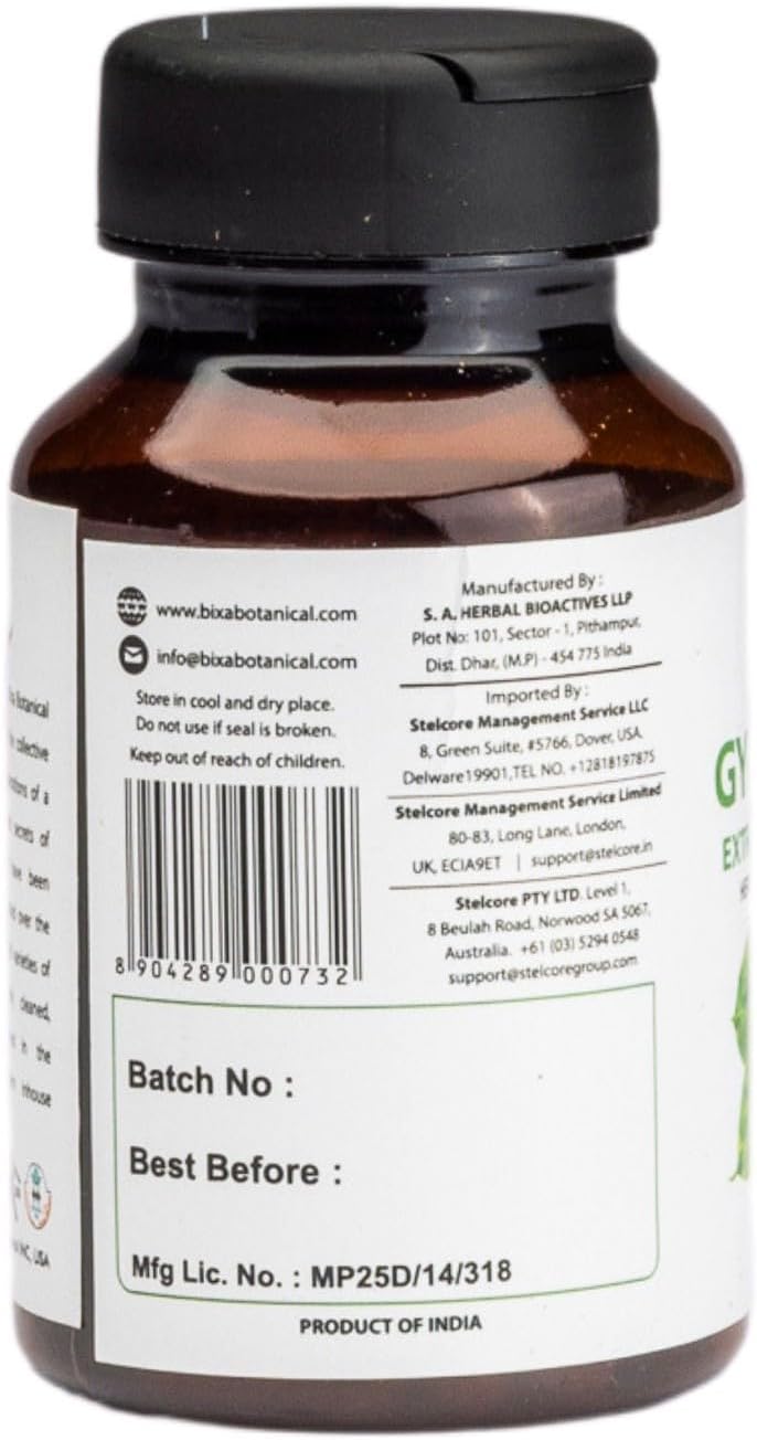 bixa BOTANICAL Ayurvedic Natural Herbal Supplement Gymnema Extract 25% Gymnemic (Gudmar, Shardunika) | Digestive Stimulant | Natural Herbal Supplement | Veg Capsules 450 mg (60 Count (Pack of 1))