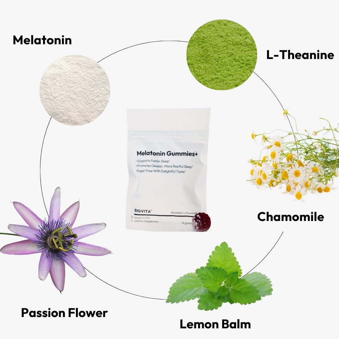 BIGVITA Melatonin Gummies+ | Natural Sleep Support with L-Theanine, Chamomile & Botanicals, Rest & Recharge