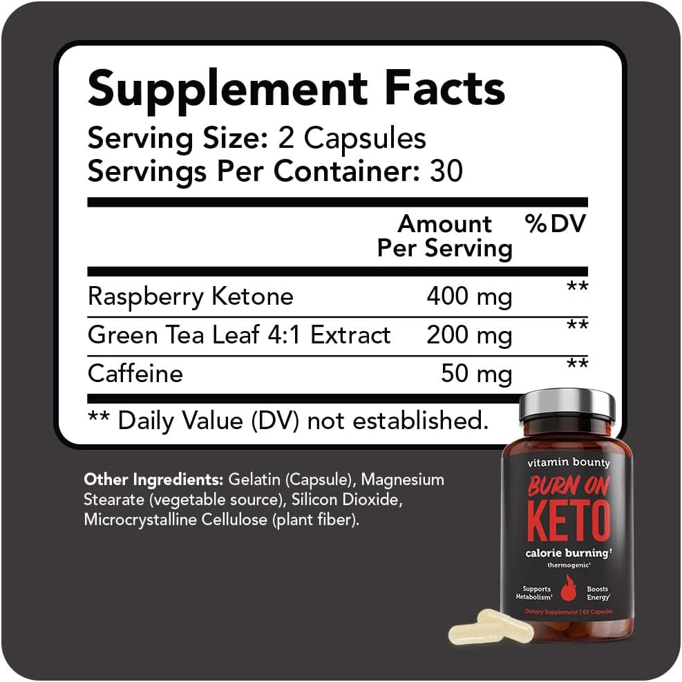 Vitamin Bounty Burn On Thermogenic Keto Fat Burner for Men & Women - Weight Loss Supplement with Raspberry Ketones - Metabolism Booster, Energy Pills, Appetite Suppressant - 60 Capsules