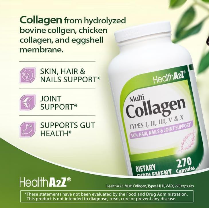 HealthA2Z® Multi Collagen Pills | 1735 mg | 270 Collagen Capsules | Types I, II, III, V & X | for Healthy Skin, Hair, Nails & Joint Support (Pack of 2)