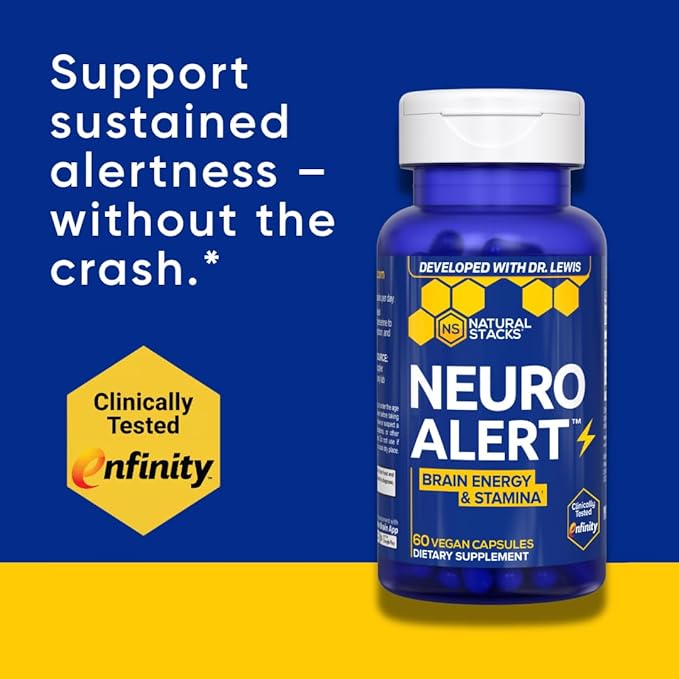 NATURAL STACKS NeuroAlert - 200mg Paraxanthine Energy Supplement - Caffeine Free Focus w/ 500mg L-Tyrosine & 100mg L-Theanine - 10mg NADH for Cellular Energy Support - 60 Paraxanthine Capsules