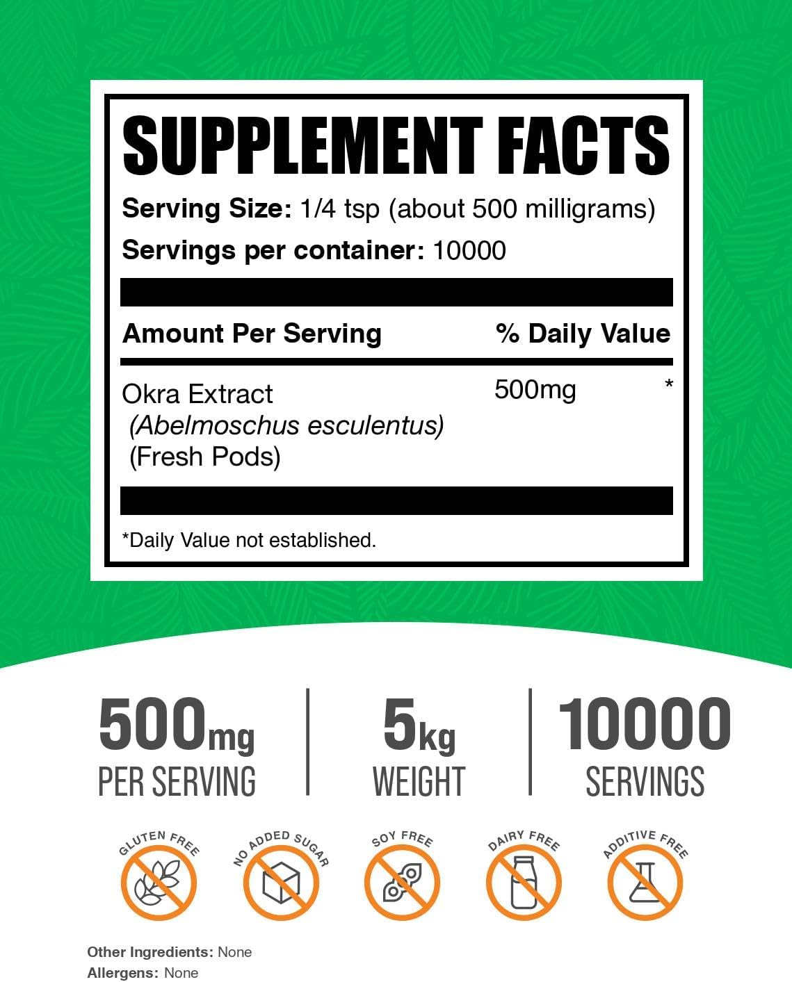 BulkSupplements.com Okra Extract Powder - Okra Supplement, Okra Powder, Herbal Extract Supplement - Vegan & Gluten Free, 500mg per Serving, 5kg (11 lbs) (Pack of 5)
