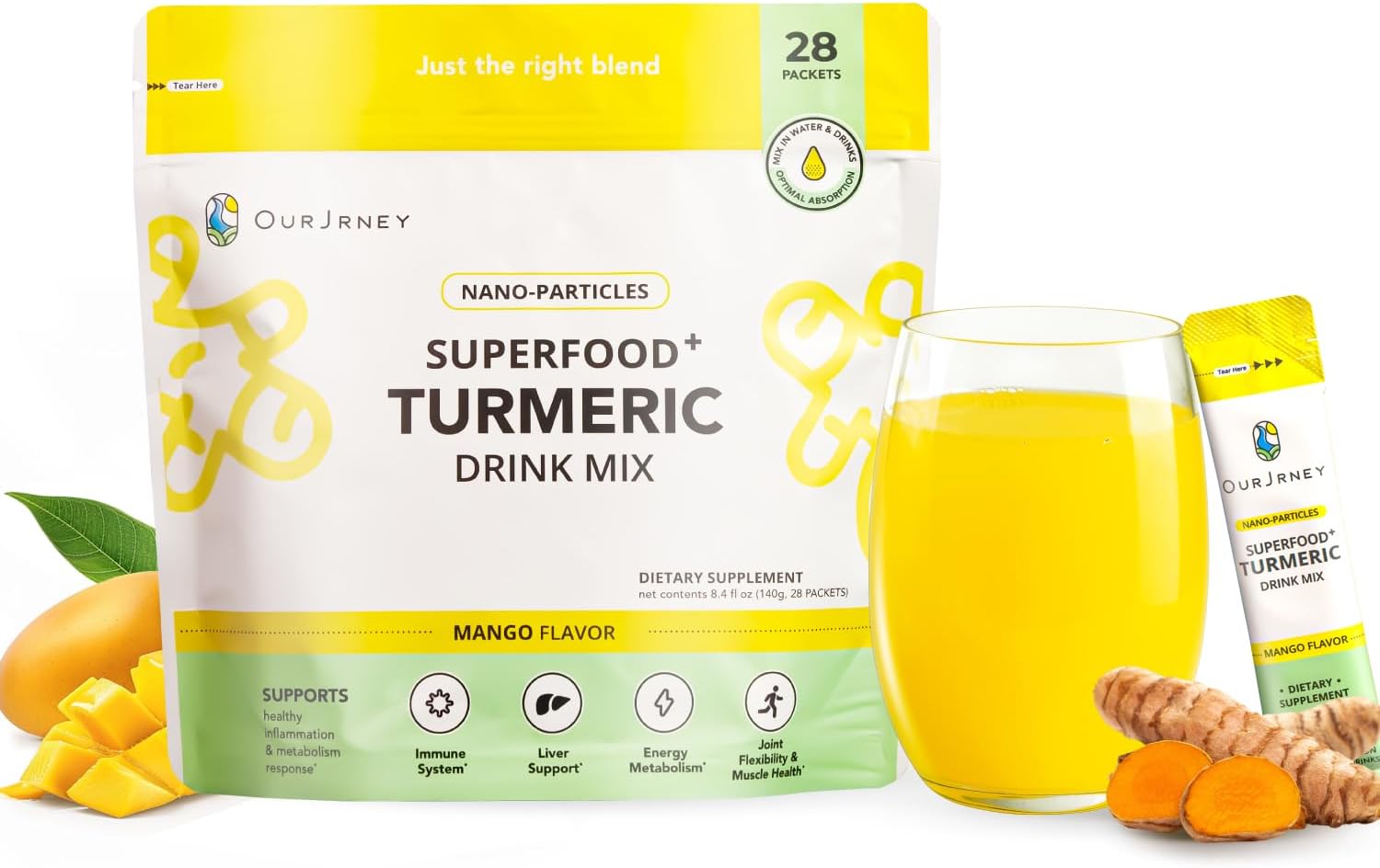 Nano Turmeric Curcumin Drink Powder, Golden Juice for Wellness & Immunity, No Turmeric Taste, Add to Smoothies/Water Daily Morning Routine–35X Absorption–Mango Flavor–Joint Support Supplement