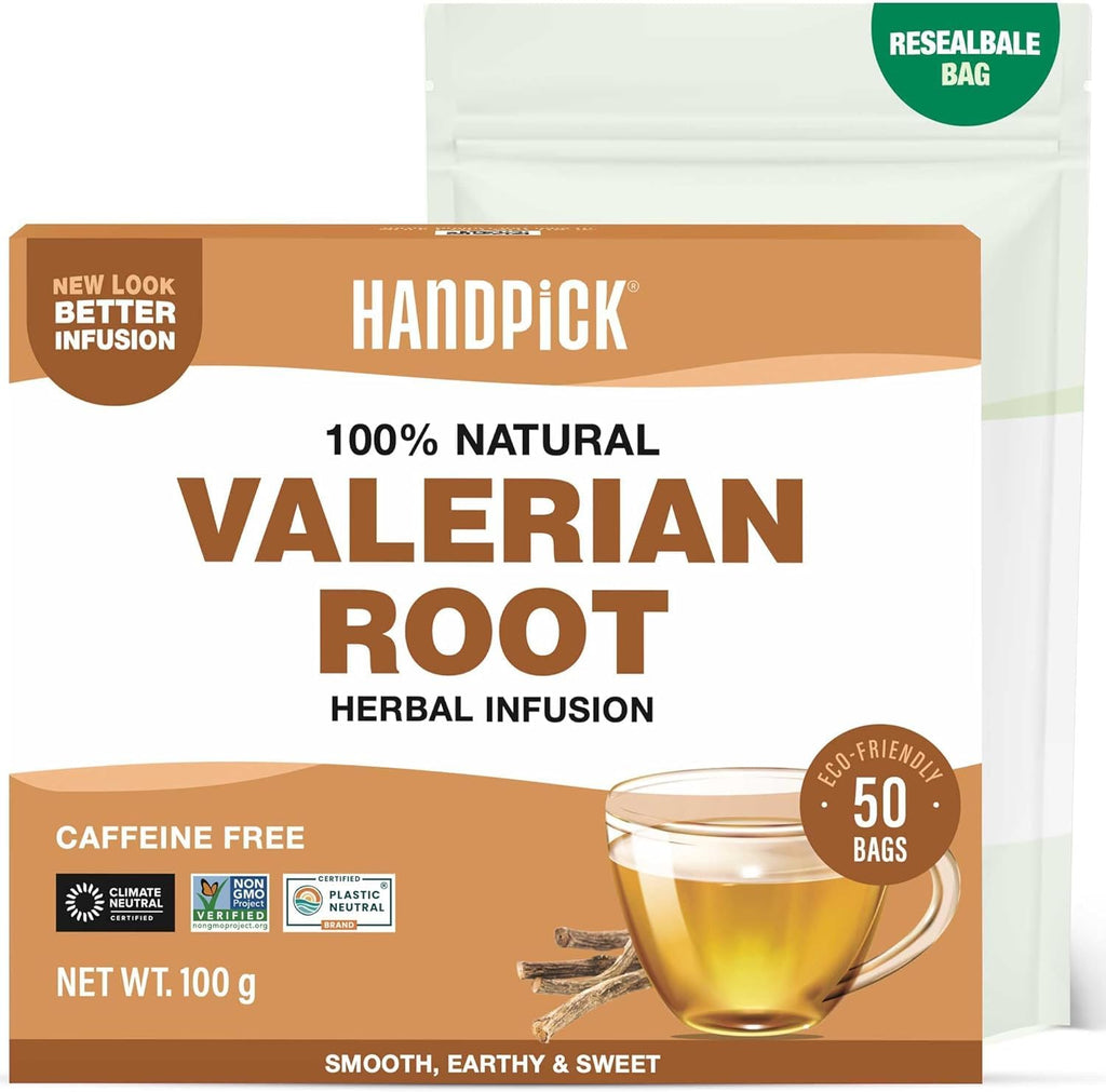 HANDPICK, Valerian Root Tea Bags (Valeriana) 50 Count | Non-GMO, Caffeine Free, Real Ingredients | Earthy/Woody Herbal Tea Bags | Round Eco-conscious Teabags