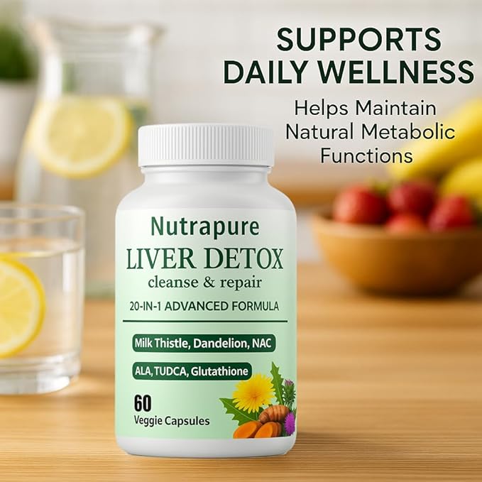 Nutrapure Liver Detox Capsules, 20-in-1 Liverdetox 60 Veggie Capsules Supplement with Milk Thistle, Liver Cleanse Detox & Repair, Liverhealth Formula