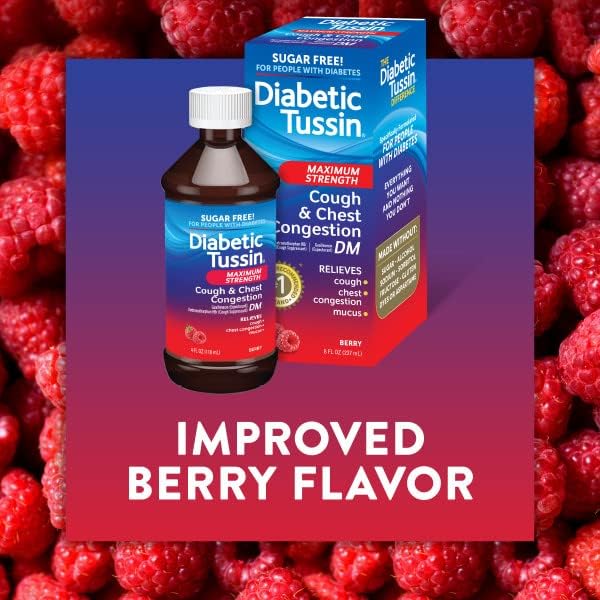 Diabetic Tussin DM Max Strength Cough & Chest Congestion Relief, Safe for Diabetics, Berry Flavored, 8 fl oz. (Pack of 1)