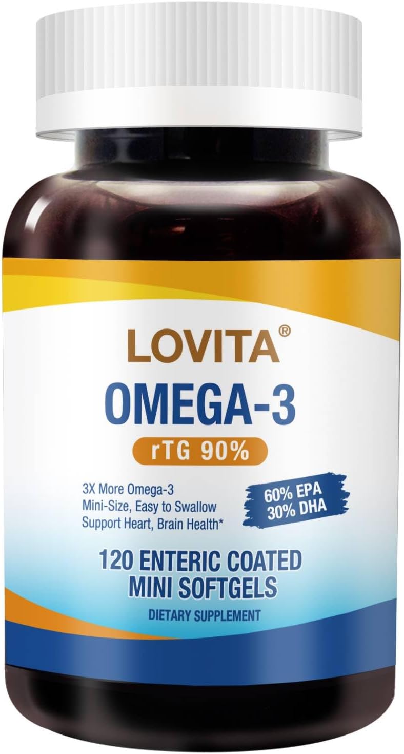 Lovita Omega-3 Fish Oil, 2000mg Daily, High Absorption rTG Form, 90% Omega-3, Burpless, Easy to Swallow, Support Healthy Heart, Brain and Eyes, 120 Enteric-Coated Softgels