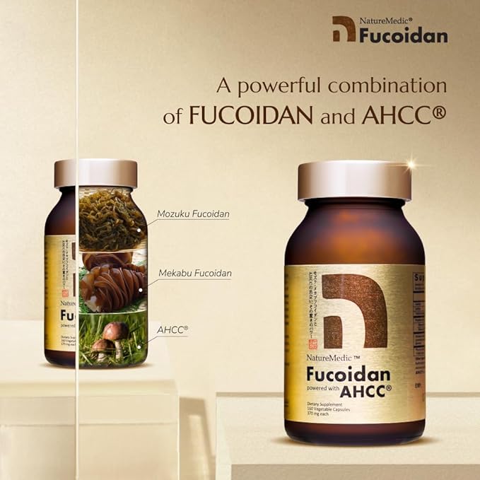 Fucoidan Powered with AHCC® Brown Seaweed Immunity Supplement with High Purity Organic Mekabu Mozuku Agaricus 1 Bottle - 160 Vegetable Capsules Made in Japan