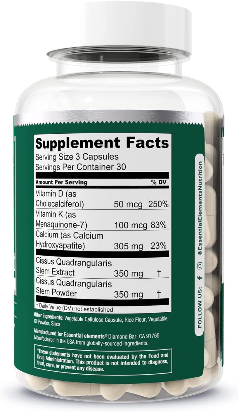 Essential Elements Bone Boost Bone Health Supplement - Bone Support and Calcium Supplement with Vitamin D 3, K2, Cissus Quadrangularis for Bone Strength - 90 Capsules (30 Day Supply)