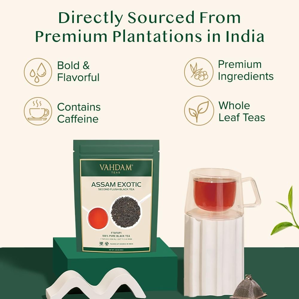 VAHDAM, Fresh Harvest Assam Tea Leaves with Golden Tips, 3.53oz (50 Cups) Strong, Malty & Rich - Exotic Assam Tea Loose Leaf | Pure Assam Black Tea | English Breakfast Tea