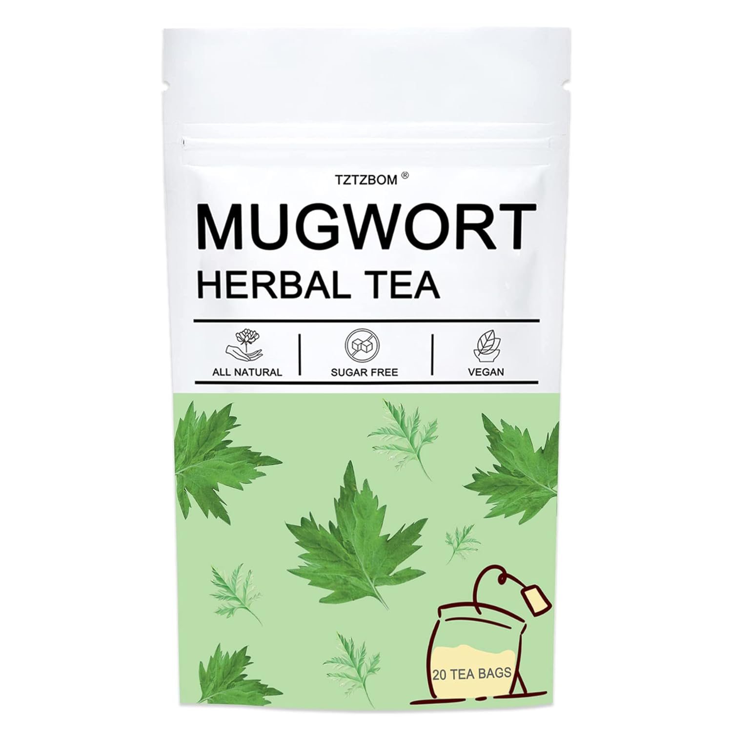 TZTZBOM Mugwort Tea Bags, Mugwort leaves 20 Teabags, 2g/bag, Caffeine Free, Natural Herbal Tea