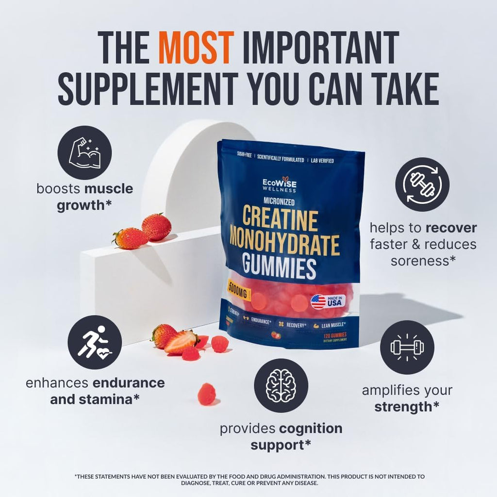 Creatine Monohydrate Gummies 5000 mg, Strawberry Flavor, 120 Sugar-Free Vegan Chews, Creatine Supplement for Daily Routine