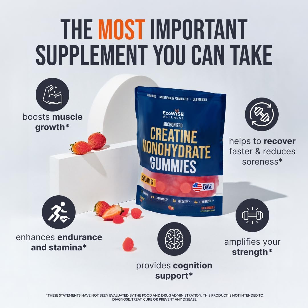Creatine Monohydrate Gummies 5000 mg, Strawberry Flavor, 120 Sugar-Free Vegan Chews, Creatine Supplement for Daily Routine