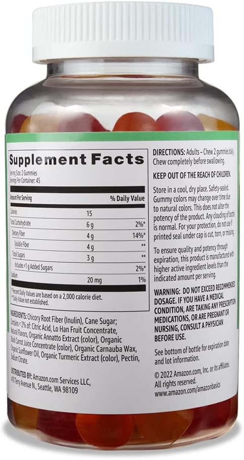 Amazon Basics Fiber Gummies for Digestive Health and Regularity, Orange, Lemon & Strawberry Flavors, 90 Count, Pack of 1 (Previously Solimo)