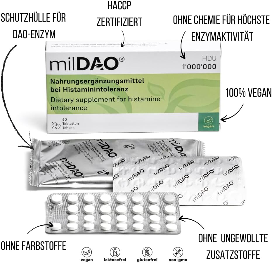 milDAO® – 60 Vegan Tablets | DAO Enzyme Supplement for Histamine Intolerance | 1,000,000 HDU per Tablet | with Catalase | Lyophilized | Foil Pouch with Silica Gel for Maximum Stability