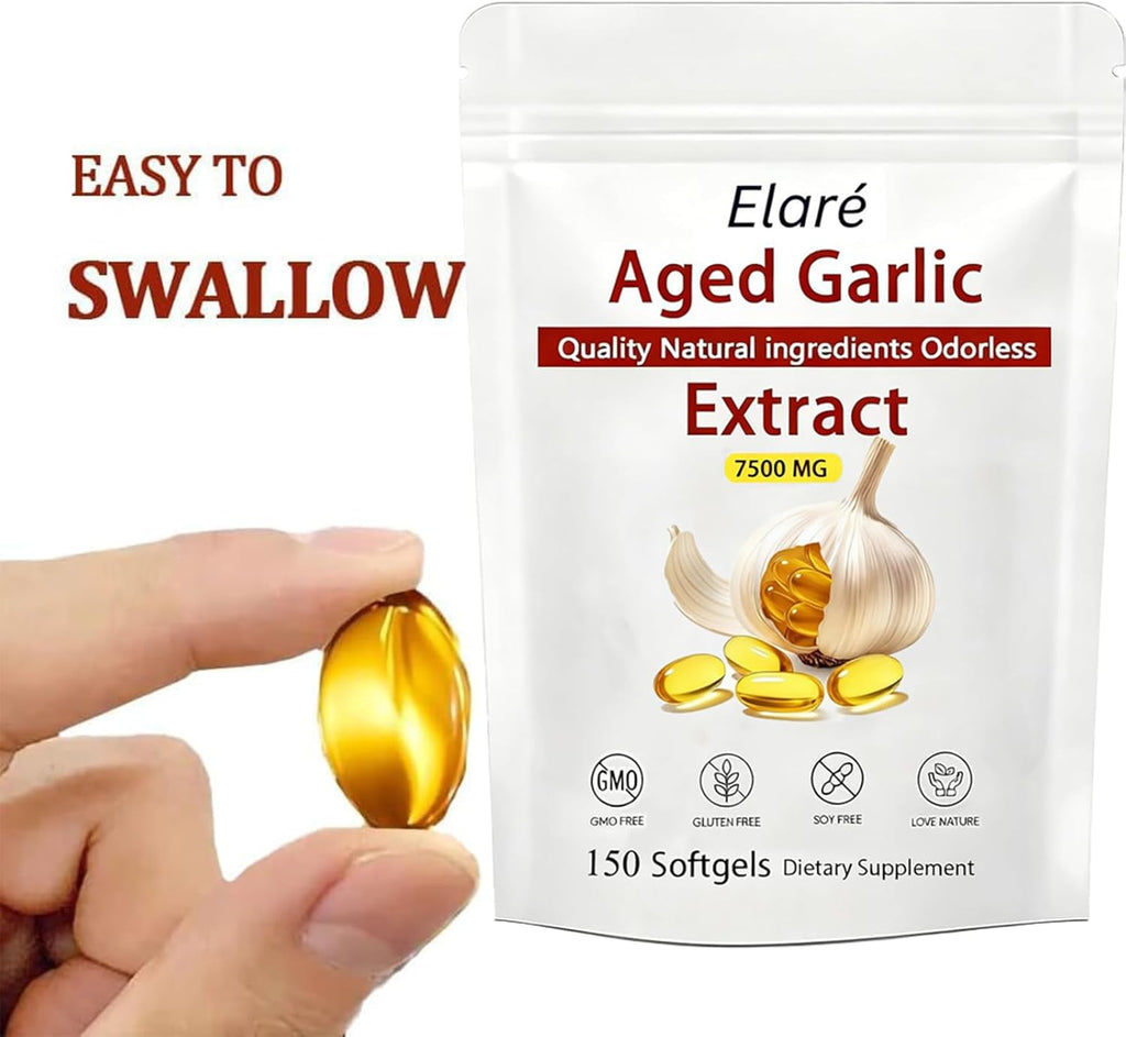 Elare Aged Garlic Extract - 7500mg Odorless, Organic Garlic Extract Capsules | Heart & Immune Antioxidant Supplements, Vegetarian, All-Natural, Non-GMO, 150 Softgels(1 PCS)