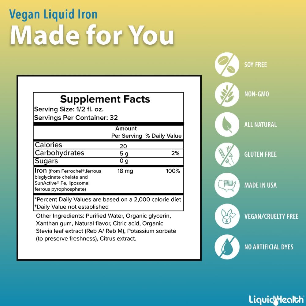 LIQUIDHEALTH Vegan Liquid Iron Supplement with SunActive & Ferrochel Fe - Natural Energy, Immune System & Metabolic Support, Increase Mental Clarity, Prenatal/Postnatal - USA Made, Non-GMO (2 Pack)