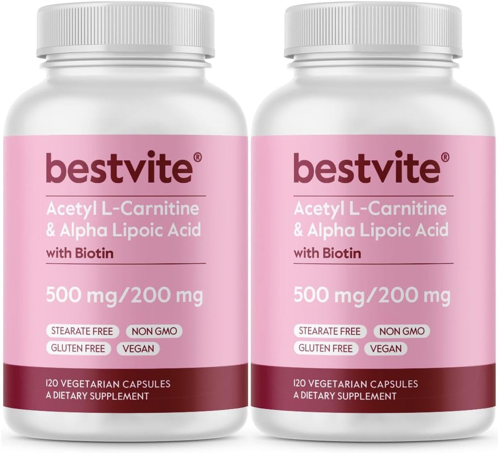 BESTVITE Acetyl L-Carnitine 500mg & Alpha Lipoic Acid 200mg per Capsule with Biotin (240 Vegetarian Capsules) (120 x 2) - No Stearates - Vegan - Non GMO - Gluten Free