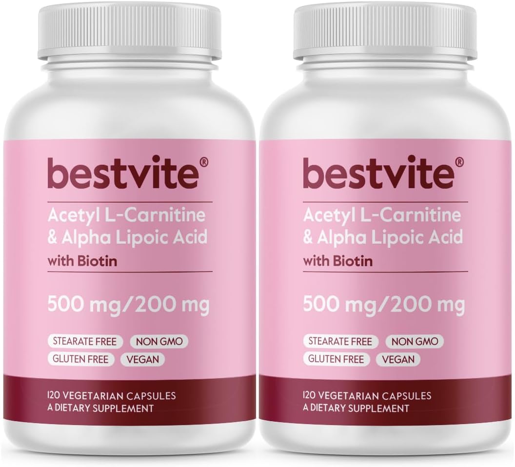 BESTVITE Acetyl L-Carnitine 500mg & Alpha Lipoic Acid 200mg per Capsule with Biotin (240 Vegetarian Capsules) (120 x 2) - No Stearates - Vegan - Non GMO - Gluten Free