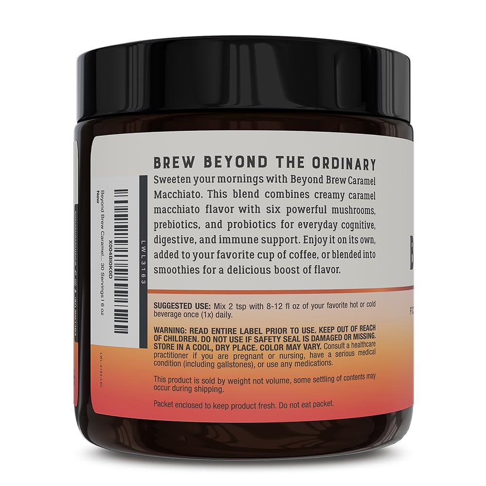 Beyond Brew Caramel Macchiato Coffee Alternative - Low Caffeine Superfood - Powerful Mushroom Complex with Lion’s Mane, Reishi & Chaga - Brewed Drink with Prebiotics & Probiotics (2-pack)