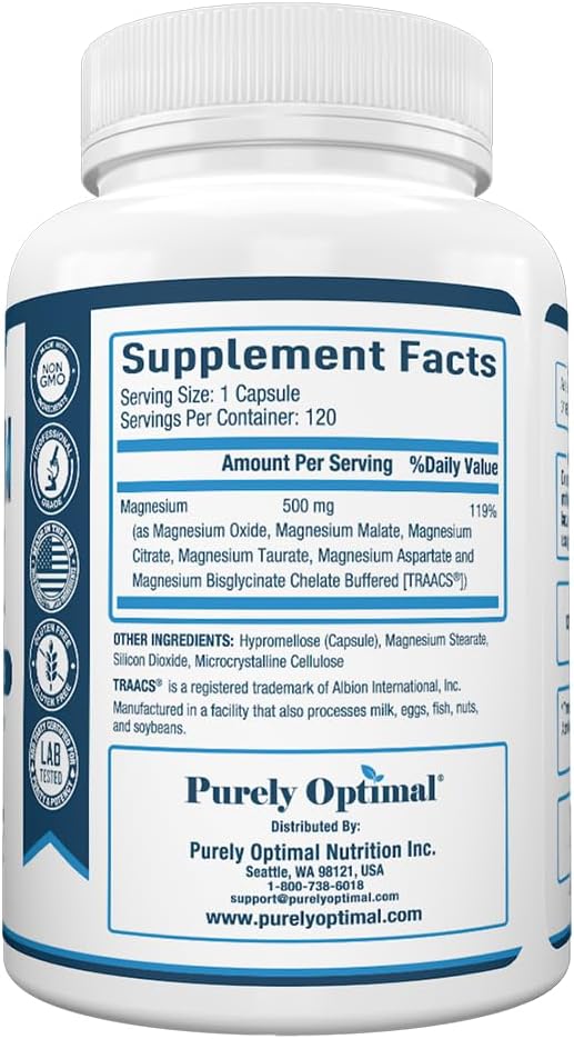 Purely Optimal Magnesium Complex - 6 Forms Magnesium Glycinate, Citrate & Malate - Sleep Support, Stress Relief, Muscles, Heart Health & Relaxation - Magnesium Supplement for Women & Men, 120 Caps