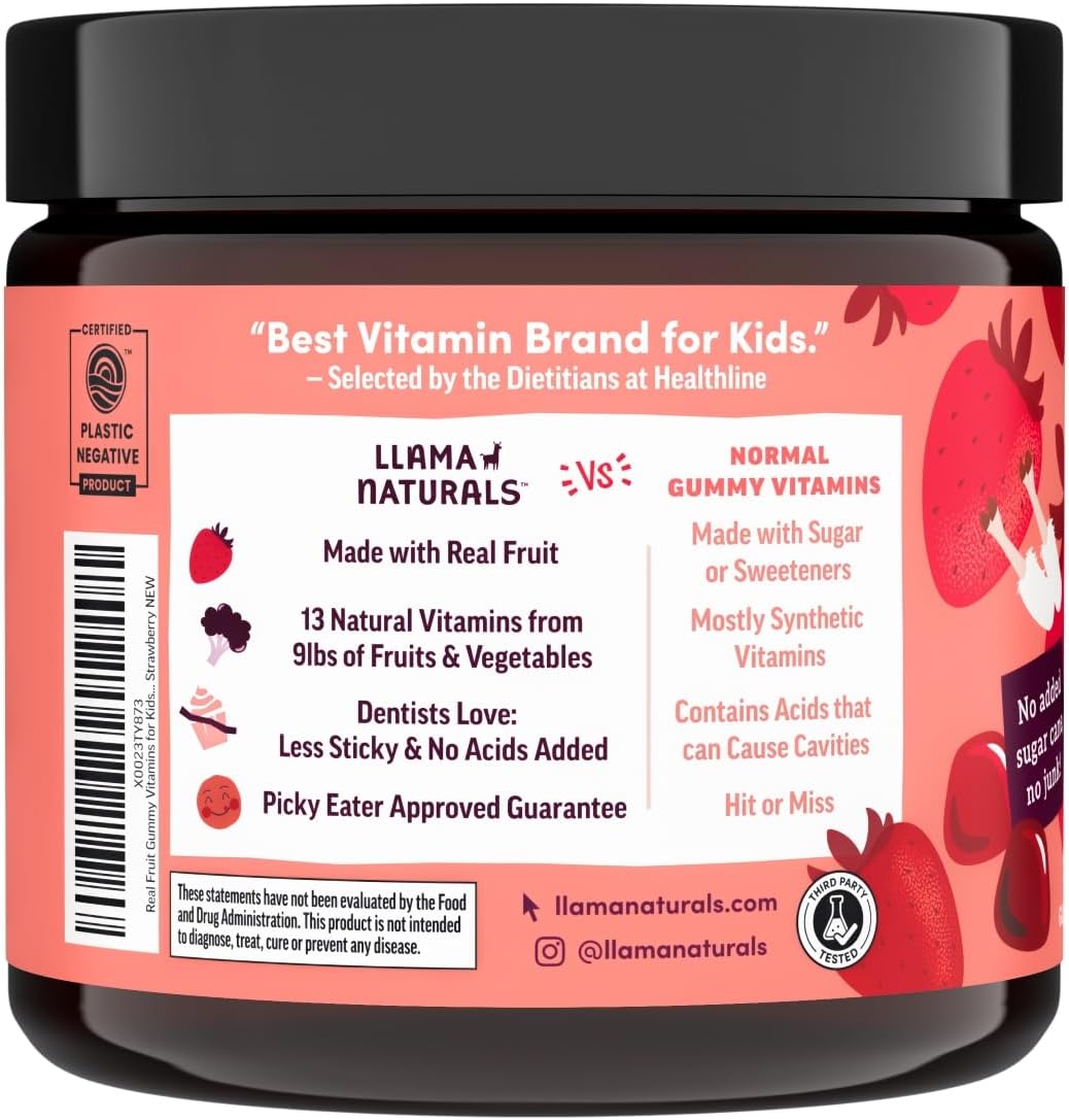Llama Naturals Kids Multivitamin Gummies, Vegan, Organic with Vitamin D, C & K, Toddler Real Fruit Gummy Vitamins, Chewable Supplement, Whole Food Multivitamin, No Added Sugar Cane, Strawberry, 2 Pk