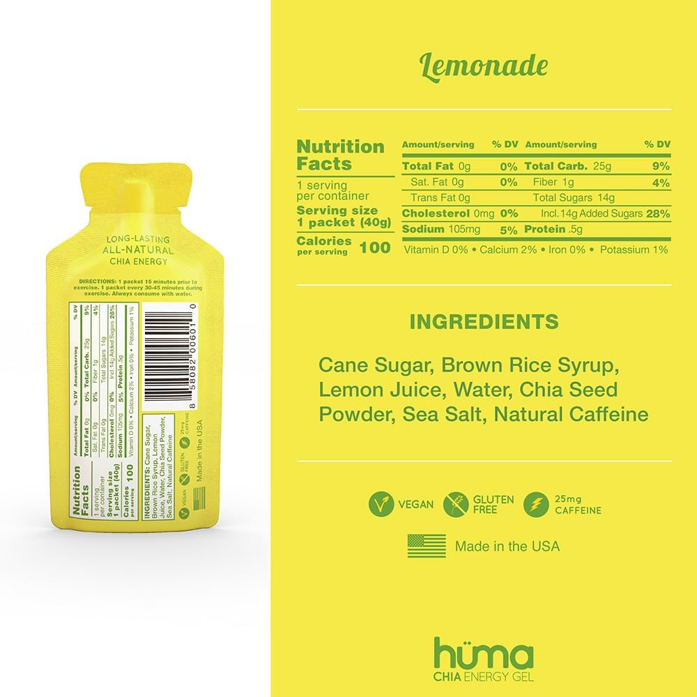 Huma Chia Energy Gel, Lemonade, 12 Gels, 25mg Caffeine - Premier Sports Nutrition for Endurance Exercise