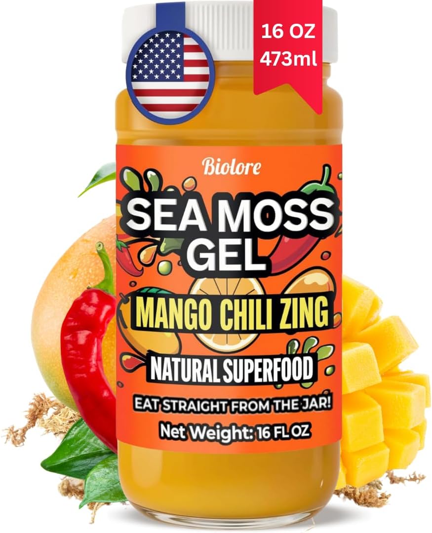 Biolore Mango Chili Zing Sea Moss Gel 16 oz - No Added Sugar, Vegan, Made in USA - Wildcrafted Sea Moss Superfood with 92 Essential Vitamins - Ready to Use, No Prep Needed