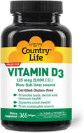 Country Life Vitamin D3 5000 IU – High Potency, Non-Fish Source, Supports Bone Health, Immune Function & Calcium Absorption – 365 Softgels, Certified Gluten-Free, Long-Term Supply