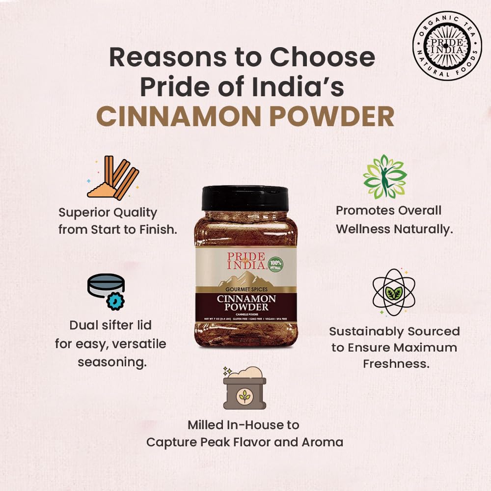 Pride Of India Natural Cinnamon Ground | Pure & Fresh Ground Spice | Gourmet Quality | Perfect for Sweet & Savory Dishes | Easy to Use | Ideal for Restaurant or Home Use | 7 oz. Medium Dual Sifter Bottle