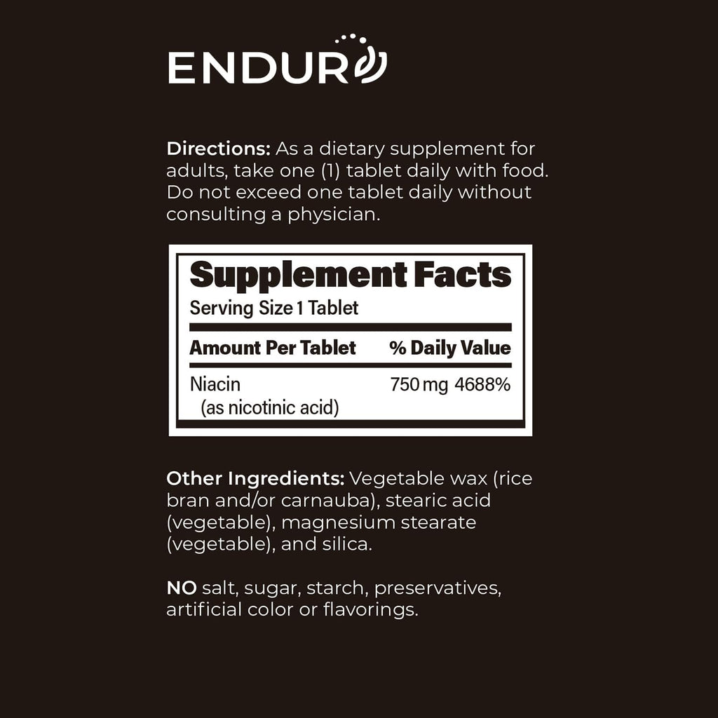 ENDUR-ACIN, Extended Release Niacin for Optimal Absorption & Flush Free Niacin, Premium Vitamin B3 Niacin Supplements, 750mg, 60 Tablets
