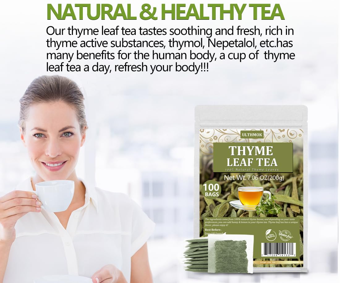 Premium 100 Thyme Leaf Tea Bags, Made with 100% Pure Thyme Leaves, Aid Digestion & Support Respiratory, No Additives & Caffeine Free。