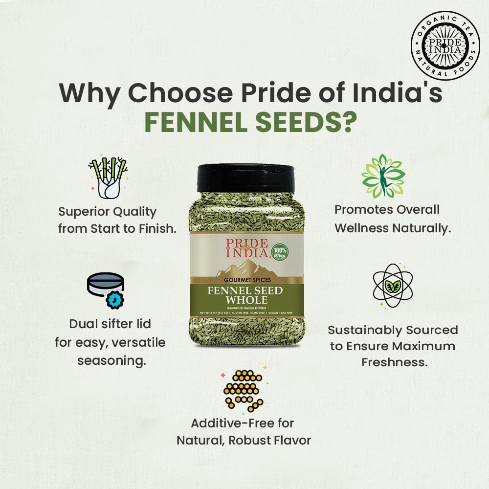 Pride of India – Fennel Seed Whole – Gourmet Spice – Fresh & Aromatic – Mouth Freshener – GMO/Gluten Free – Flavoring for bakes, meat & more – Easy to Use – 8 oz. Medium Dual Sifter Jar