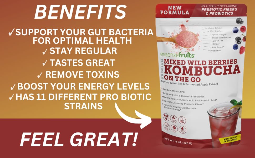 Essenzefruits Red Berries Kombucha Powder Tea Beverage – Sugar Free, Fermented & Dried - Just Add Water! Live Probiotics & Prebiotic Blend, Vitamin C - Makes up to 30 Cups (8 Oz)
