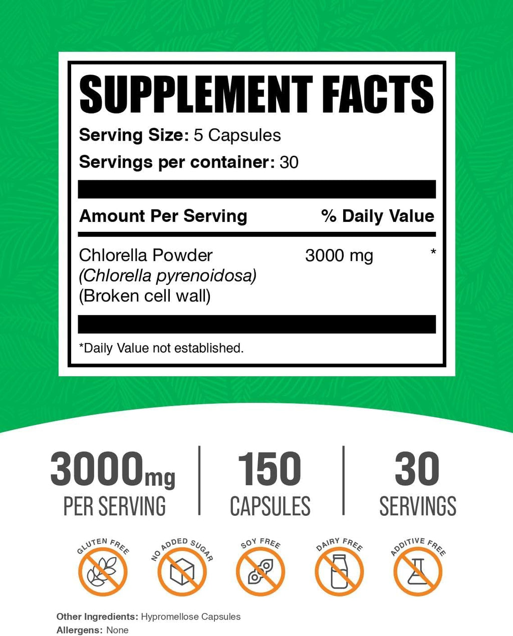 BulkSupplements.com Chlorella Capsules - Broken Cell Wall, Chlorella Supplement - Superfood Supplement, Vegan & Gluten Free, 5 Capsules per Serving, 150 Count (Pack of 1)
