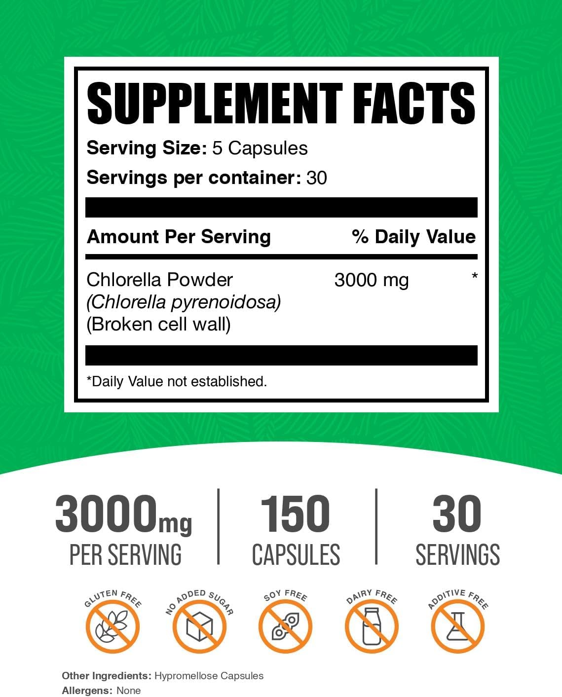 BulkSupplements.com Chlorella Capsules - Broken Cell Wall, Chlorella Supplement - Superfood Supplement, Vegan & Gluten Free, 5 Capsules per Serving, 150 Count (Pack of 1)