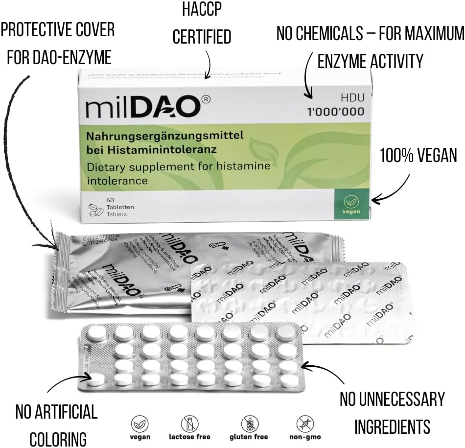 milDAO® – 30 Vegan Tablets | DAO Enzyme Supplement for Histamine Intolerance | 1,000,000 HDU per Tablet | with Catalase | Lyophilized | Foil Pouch with Silica Gel for Maximum Stability