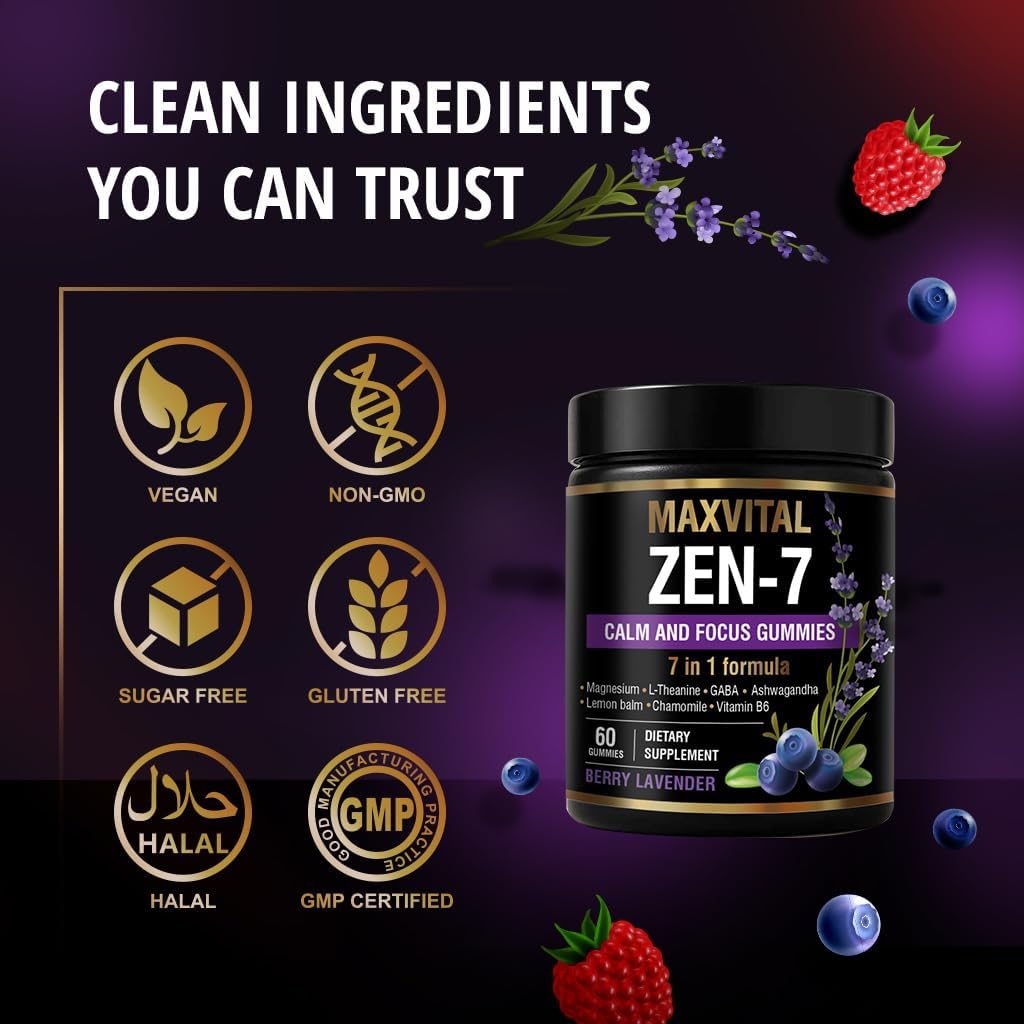 Zen-7 Calm & Focus Gummies – Sugar-Free Stress & Mood Support – Ashwagandha, L-Theanine, GABA, Lemon Balm, Chamomile, Magnesium & B6 – Berry Lavender Flavor – 60 Vegan Gummies