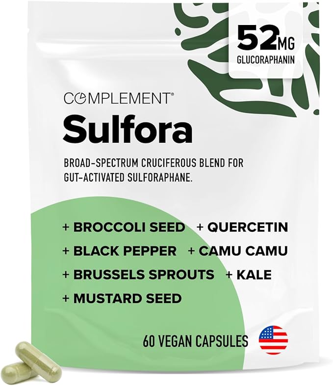 Complement Sulfora – Sulforaphane Supplement with Myrosinase, 52mg Glucoraphanin- Broccoli Seeds, Kale, Camu Camu, Mustard Seed, Quercetin, Brussels Sprouts– Natural Detox, Immune Support– 30 Servings