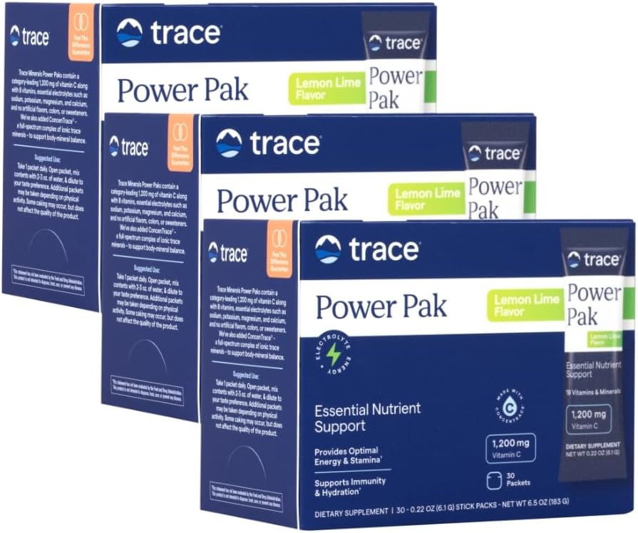 Trace Minerals | Power Pak Electrolyte Powder Packets | 1200 mg Vitamin C, Zinc, Magnesium | Boost Immunity, Hydration and Natural Energy | Lemon Lime | 90 Packets