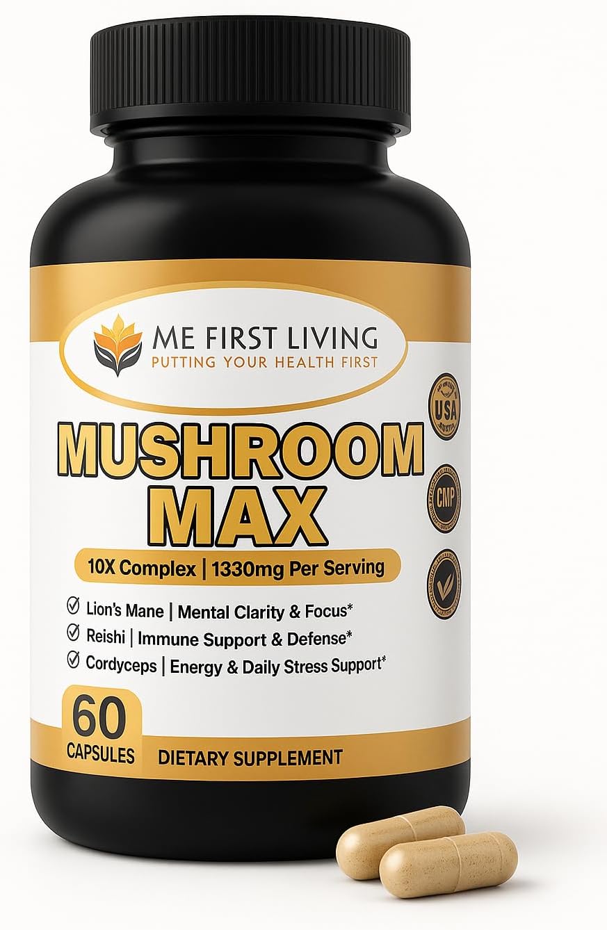 Me First Living Mushroom Complex Supplement 10 in 1 with Lions Mane, Cordyceps, Turkey Tail, Reishi, and More. High Strength Nootropic Brain Supplements for Memory & Focus - Lions Mane Supplement