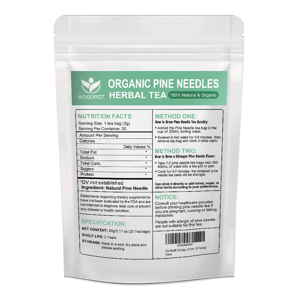 Pine Needle Tea Bags - Organic Dried Pine Needle Herbal Tea for Immune Support & Antioxidant, Caffeine Free, Natural Suramin, 20 Tea bags